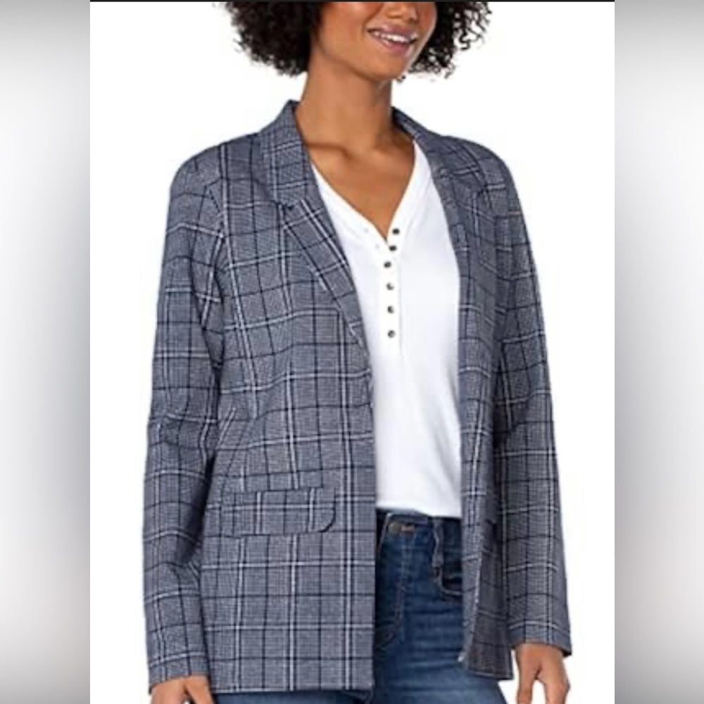 Sz L⭐️NWT Liverpool Navy and Porcelain Cream Check Boyfriend Blazer PTP 21”